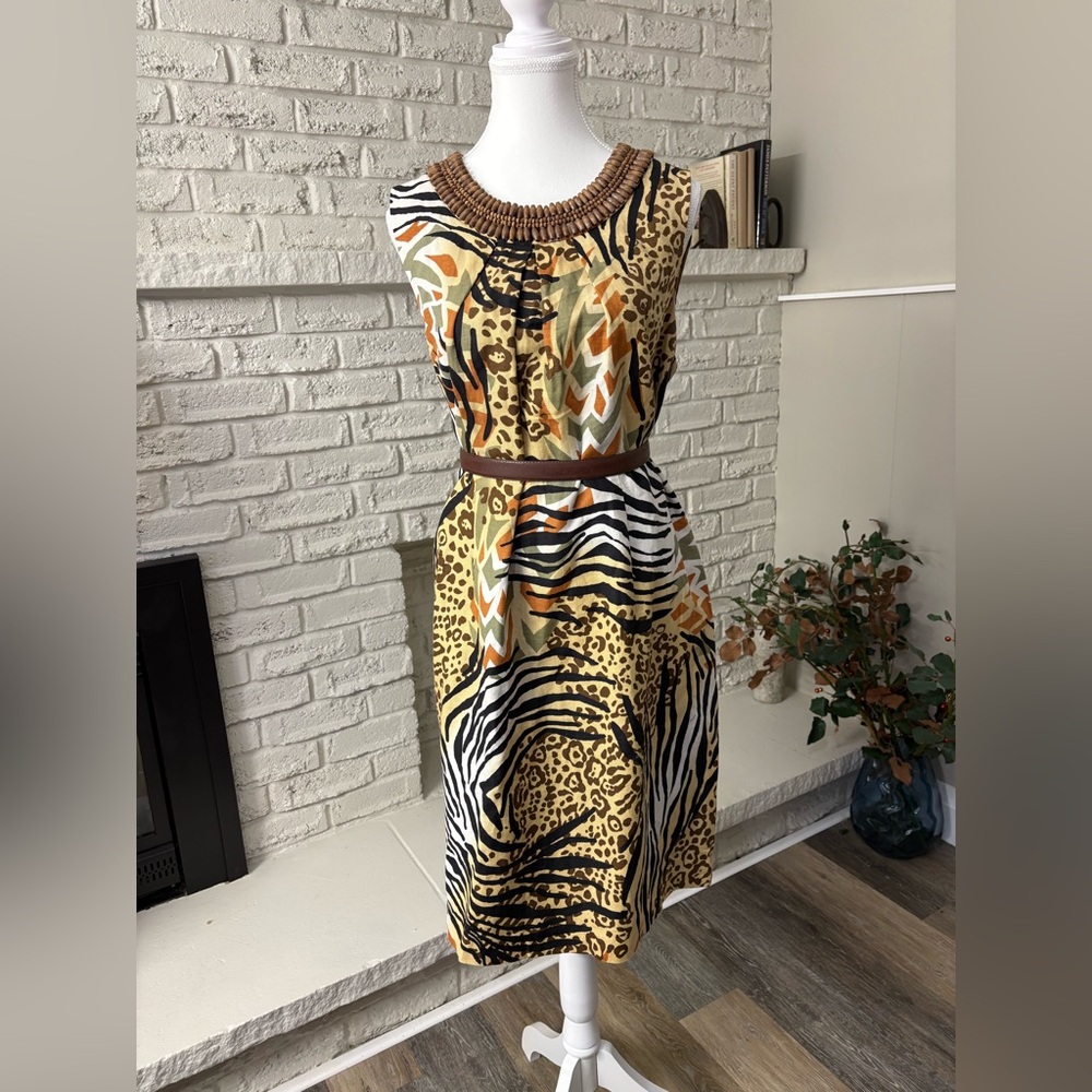 Peter Nygard Linen Blend Beaded Shift Dress Size 16 Mixed Animal Print